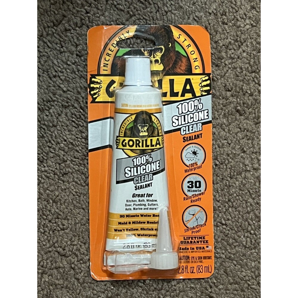 Gorilla Waterproof Caulk & Seal 100% Silicone Sealant, 2.8oz Squeeze Tube, Clear